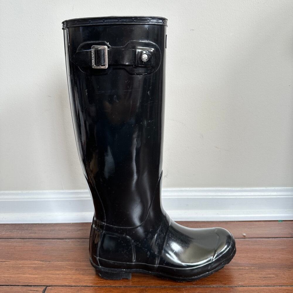 Hunter Rain Boots Women 6 Original Tall Black Gloss Unisex Knee High Gorpcore - Picture 4 of 8